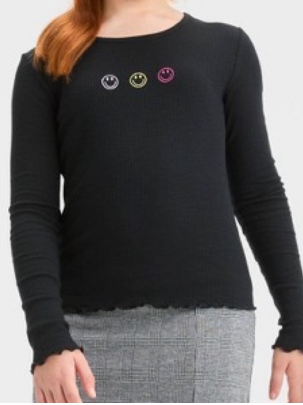 Art Class Girls' Smiley Face Long Sleeve Ribbed Shirt - Black L